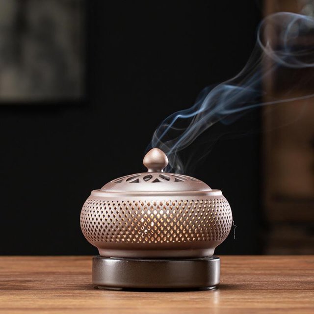 Elegant Sandalwood Electronic Incense Burner with Night Light & Tea Warmer