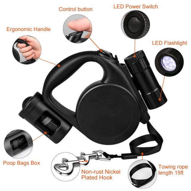 Retractable Dog Leash with Flashlight & Poop Bag Holder - Image 5