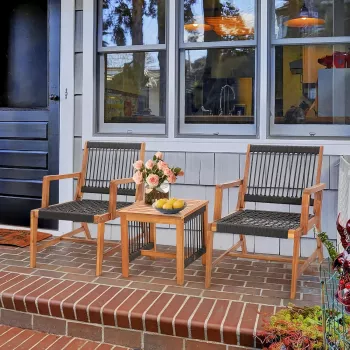 3-Piece Acacia Wood Outdoor Furniture Set with Rope Woven Armchairs & Coffee Table
