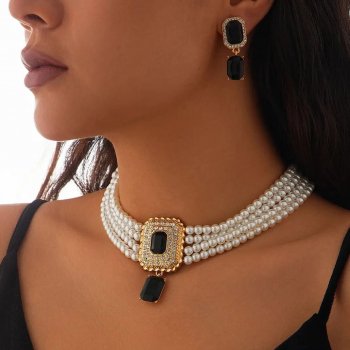 Elegant Multilayer Pearl Chain Necklace & Rhinestone Earrings Set