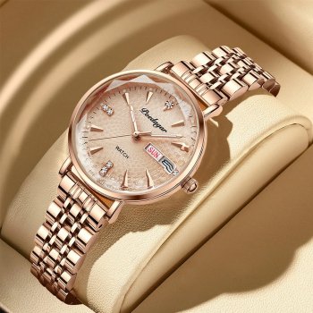 Elegant Rose Gold Women's Watch - Stainless Steel Mesh, Waterproof, Luminous