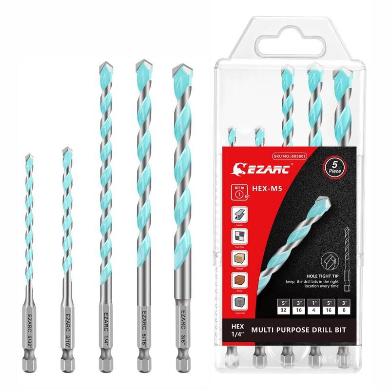 5PC Multi-Purpose Carbide Drill Bit Set with Hex Shank for Metal, Masonry, Wood, Brick, and Plastic