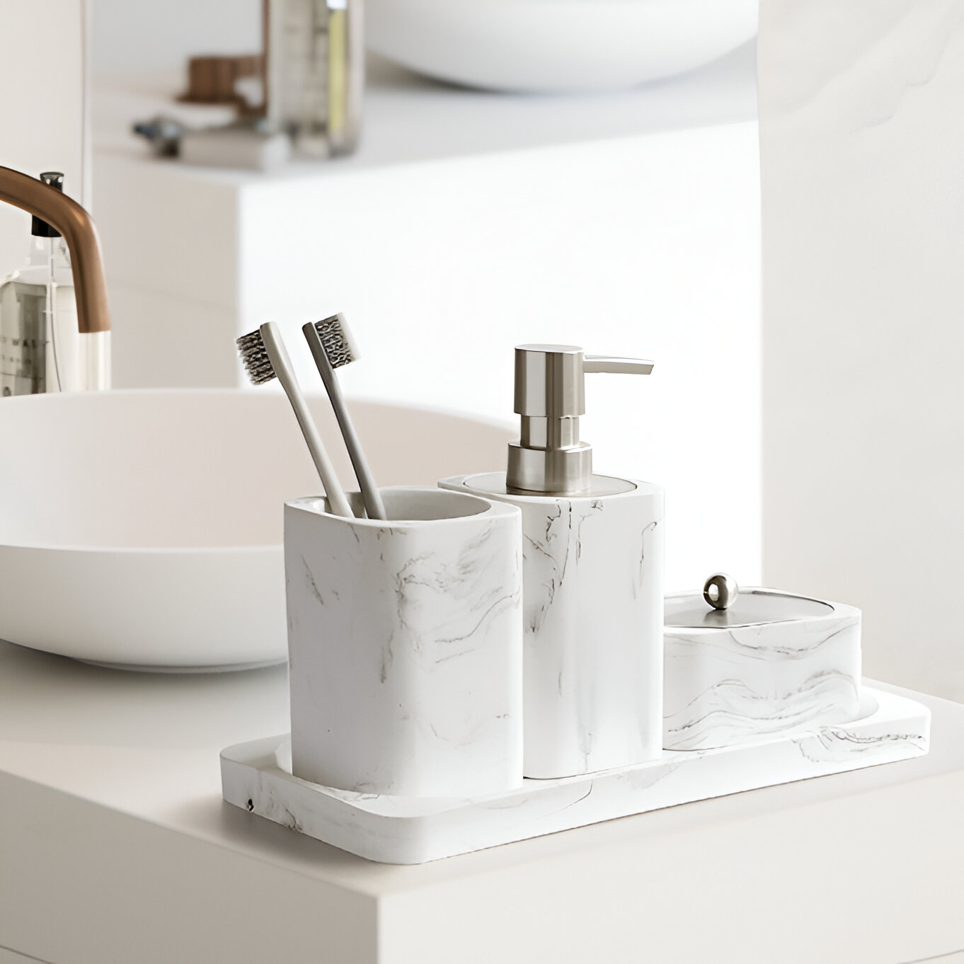 Marble White Bathroom Accessories Set with Soap Dispenser and Toothbrush Holder