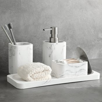 Alternative view of Marble White Bathroom Accessories Set with Soap Dispenser and Toothbrush Holder