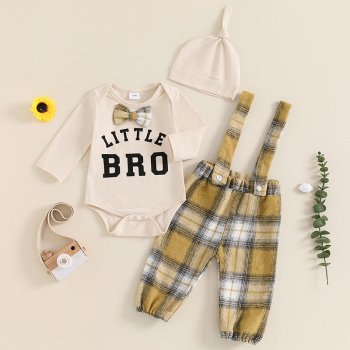 Alternative view of Baby Boys 3-Piece Fall Outfit: Bowtie Romper, Plaid Suspender Pants, and Hat