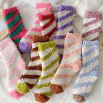 Striped Coral Velvet Winter Socks