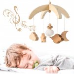 Wooden Baby Rattle Crib Mobile Toy with Rotating Music & Projection for Infants