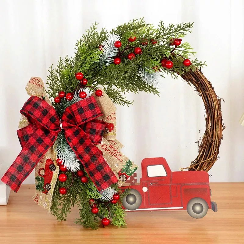 Charming Christmas Wreath Garland with Wooden Truck & Red Berries
