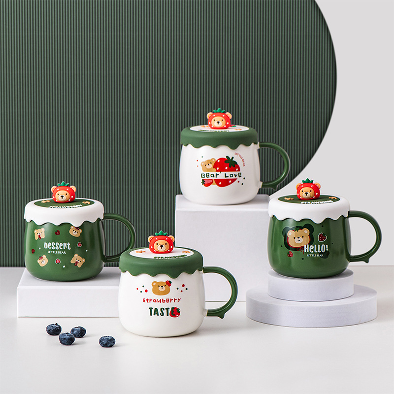 Strawberry Bear Cartoon Ceramic Mug with Lid and Spoon