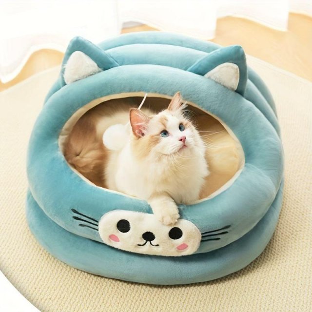 Cozy Semi-Enclosed Cat Bed with Cat Ear Design – Warm All-Season Nest